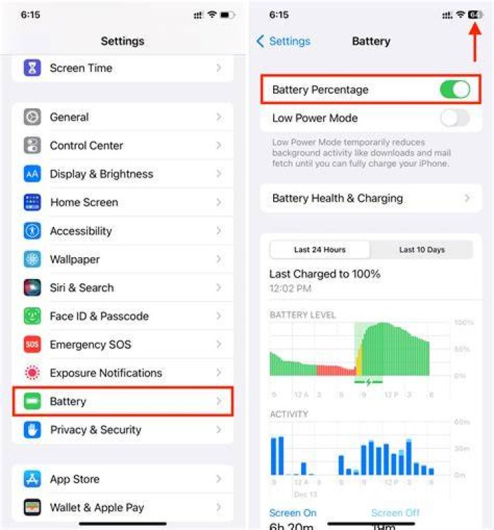 How do I get my iPhone to show battery percentage when charging?
